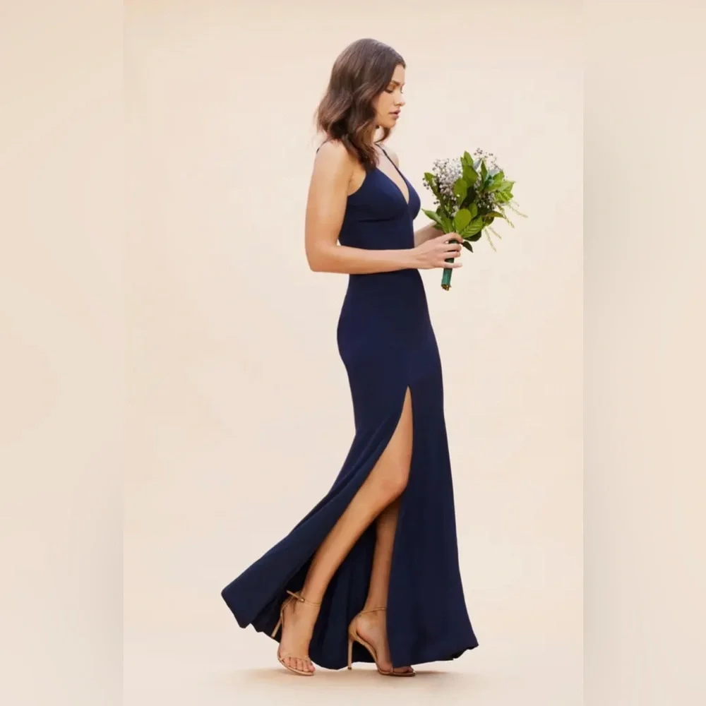 Dress the Population Wedding Guest Bridesmaid Dress Iris Slit Crepe Gown Navy